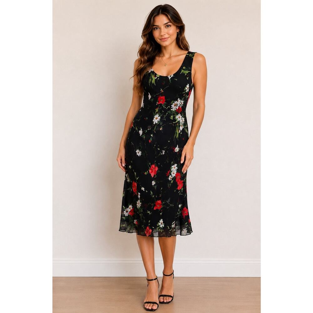 R&K Originals Floral Midi Dress Womens 12 Black Red Flower Sheer Hem Y2K